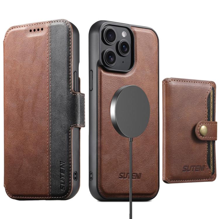 For iPhone 12 Pro Max Suteni Q07S1 3-in-1 Detachable Wallet MagSafe Splicing Leather Phone Case(Brown)