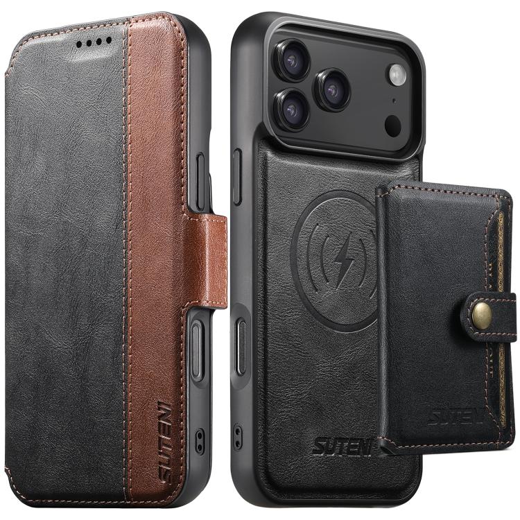 

For iPhone 17 Pro Max Suteni Q07S1 3-in-1 Detachable Wallet MagSafe Splicing Leather Phone Case(Black)