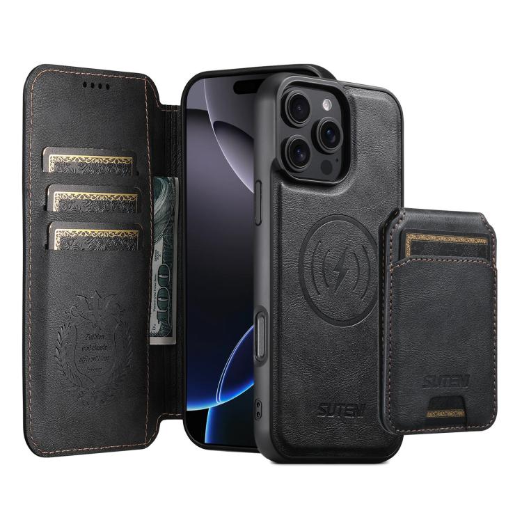 

For iPhone 16 Pro Max Suteni Q05S2 3-in-1 Detachable Vertical Flip Wallet MagSafe Leather Phone Case(Black)