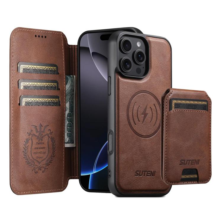 For iPhone 16 Pro Suteni Q05S2 3-in-1 Detachable Vertical Flip Wallet MagSafe Leather Phone Case(Brown)