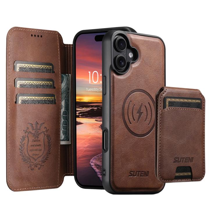 For iPhone 16 Plus Suteni Q05S2 3-in-1 Detachable Vertical Flip Wallet MagSafe Leather Phone Case(Brown)