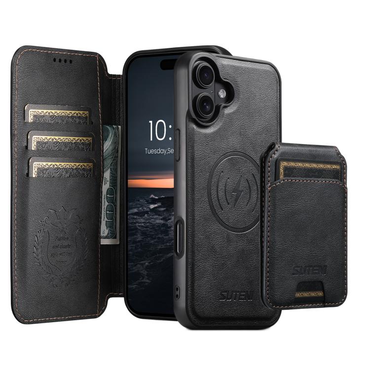 For iPhone 16 Suteni Q05S2 3-in-1 Detachable Vertical Flip Wallet MagSafe Leather Phone Case(Black)