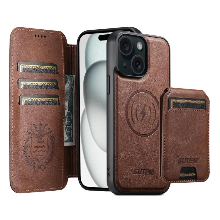 For iPhone 15 Plus Suteni Q05S2 3-in-1 Detachable Vertical Flip Wallet MagSafe Leather Phone Case(Brown)