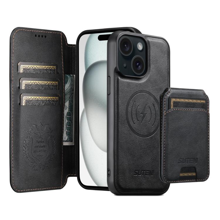 For iPhone 15 Suteni Q05S2 3-in-1 Detachable Vertical Flip Wallet MagSafe Leather Phone Case(Black)