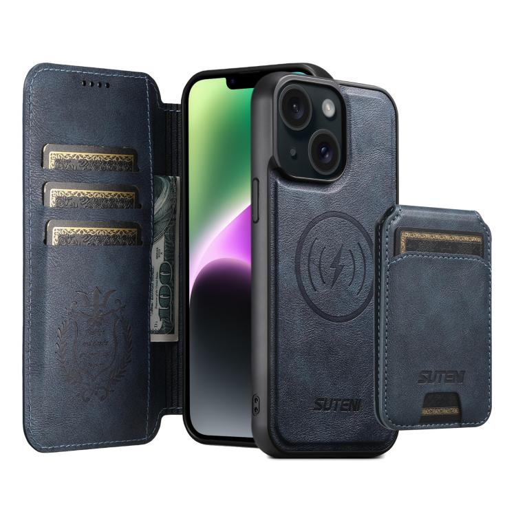 For iPhone 14 Plus Suteni Q05S2 3-in-1 Detachable Vertical Flip Wallet MagSafe Leather Phone Case(Blue)