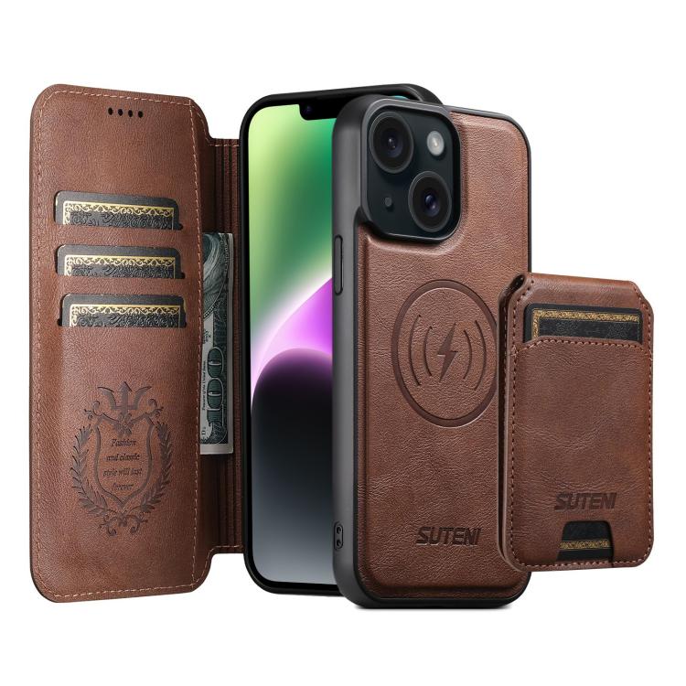 For iPhone 14 Suteni Q05S2 3-in-1 Detachable Vertical Flip Wallet MagSafe Leather Phone Case(Brown)