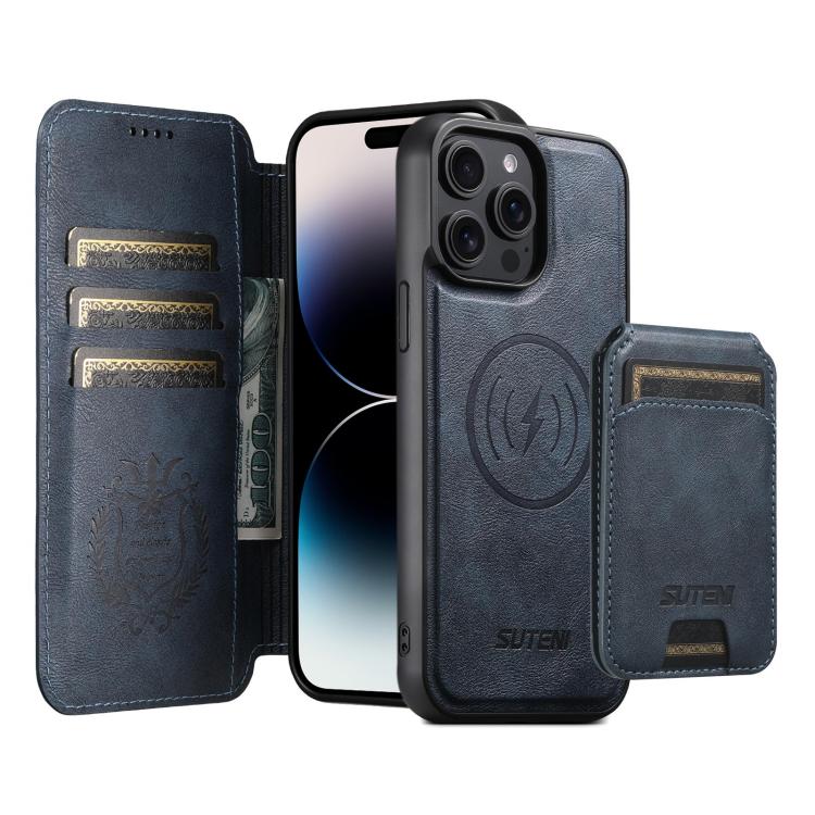 For iPhone 14 Pro Suteni Q05S2 3-in-1 Detachable Vertical Flip Wallet MagSafe Leather Phone Case(Blue)