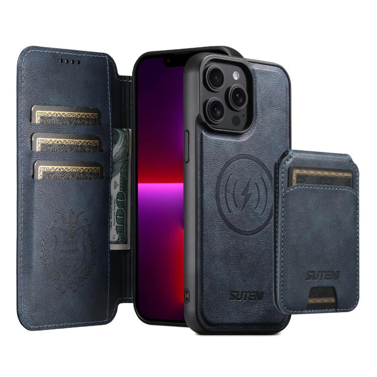 For iPhone 13 Pro Max Suteni Q05S2 3-in-1 Detachable Vertical Flip Wallet MagSafe Leather Phone Case(Blue)