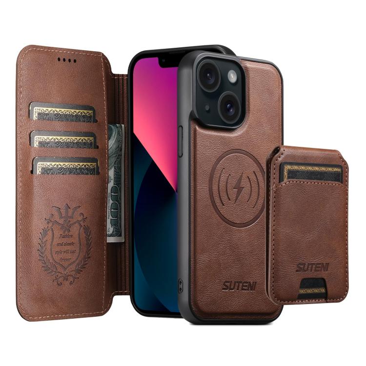 For iPhone 13 Suteni Q05S2 3-in-1 Detachable Vertical Flip Wallet MagSafe Leather Phone Case(Brown)