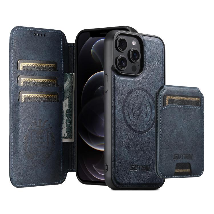 For iPhone 12 Pro Suteni Q05S2 3-in-1 Detachable Vertical Flip Wallet MagSafe Leather Phone Case(Blue)