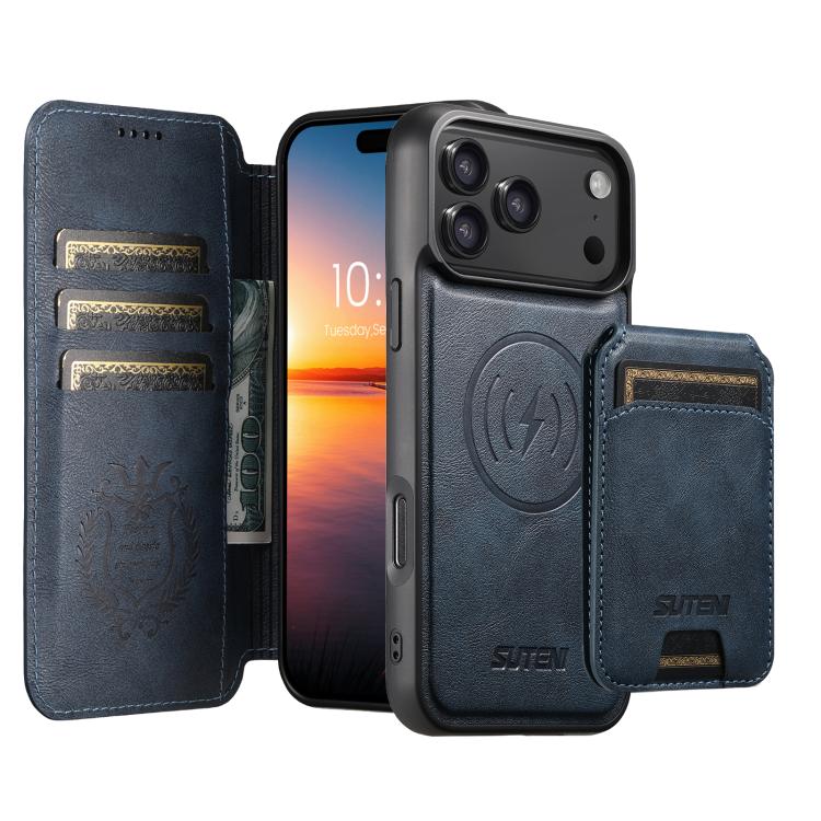 For iPhone 17 Pro Max Suteni Q05S2 3-in-1 Detachable Vertical Flip Wallet MagSafe Leather Phone Case(Blue)