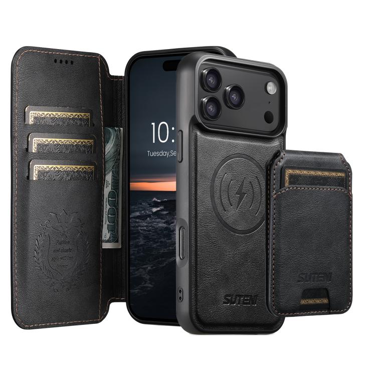 For iPhone 17 Pro Suteni Q05S2 3-in-1 Detachable Vertical Flip Wallet MagSafe Leather Phone Case(Black)