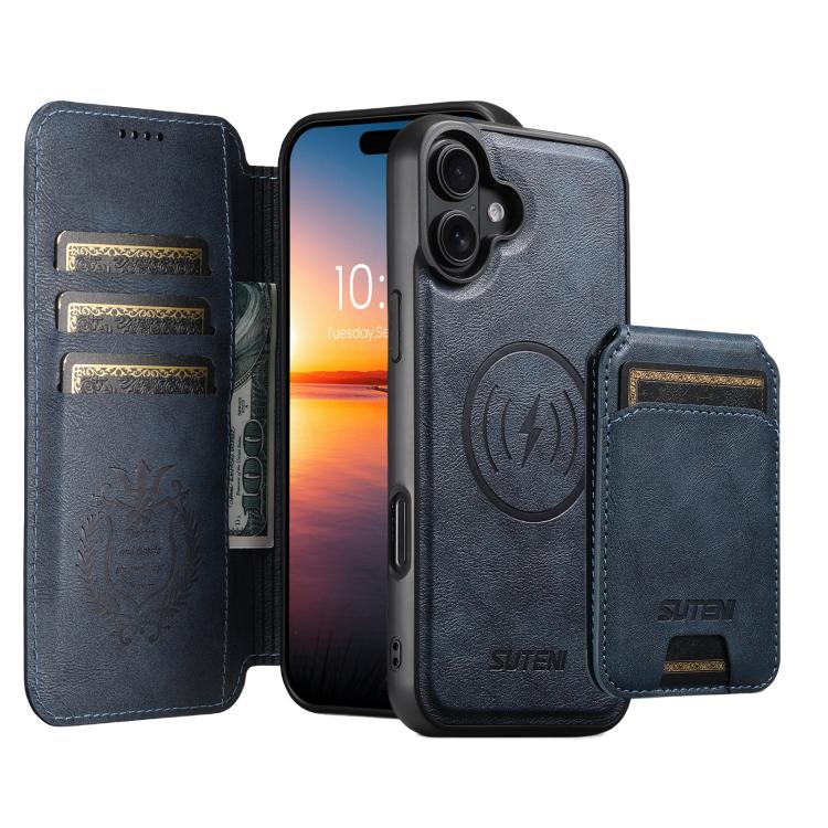 For iPhone 17 Suteni Q05S2 3-in-1 Detachable Vertical Flip Wallet MagSafe Leather Phone Case(Blue)