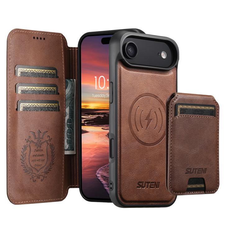 For iPhone Air Suteni Q05S2 3-in-1 Detachable Vertical Flip Wallet MagSafe Leather Phone Case(Brown)