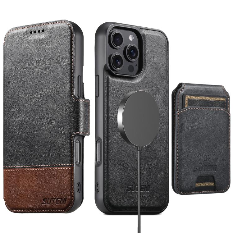 

For iPhone 16 Pro Max Suteni Q06S2 3-in-1 Detachable Vertical Flip Wallet MagSafe Splicing Leather Phone Case(Black)