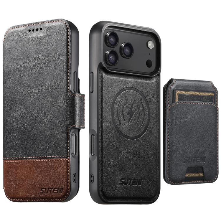 

For iPhone 17 Pro Max Suteni Q06S2 3-in-1 Detachable Vertical Flip Wallet MagSafe Splicing Leather Phone Case(Black)