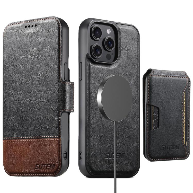 

For iPhone 15 Pro Suteni Q06S3 3-in-1 Splicing Detachable Vertical Flip Wallet MagSafe Leather Phone Case(Black)