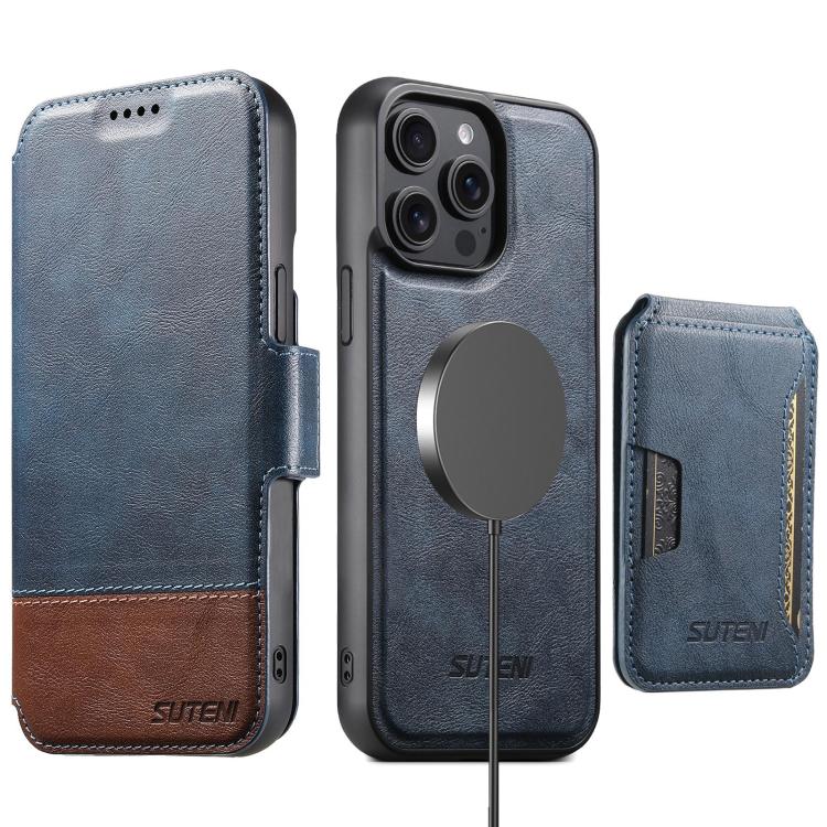 

For iPhone 14 Pro Suteni Q06S3 3-in-1 Splicing Detachable Vertical Flip Wallet MagSafe Leather Phone Case(Blue)