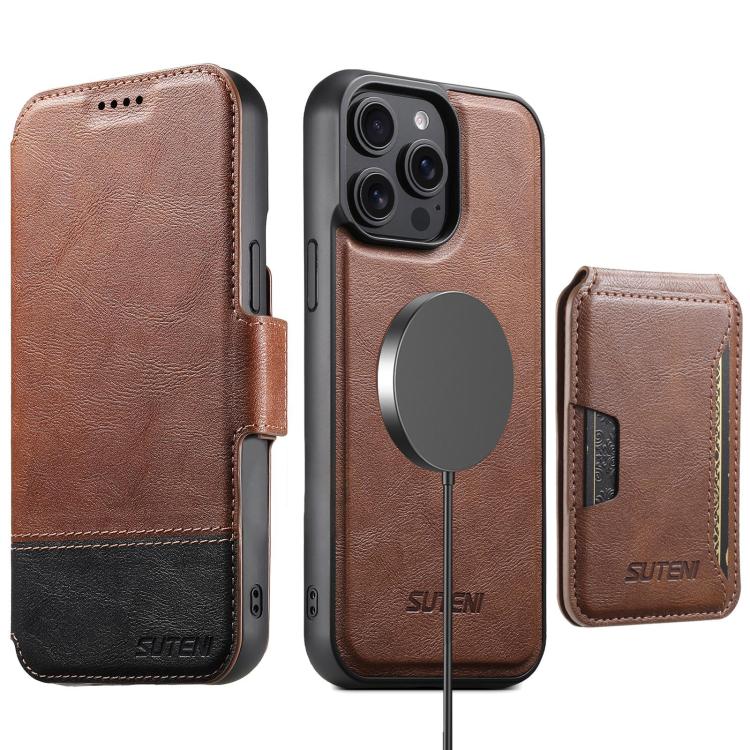 

For iPhone 13 Pro Suteni Q06S3 3-in-1 Splicing Detachable Vertical Flip Wallet MagSafe Leather Phone Case(Brown)