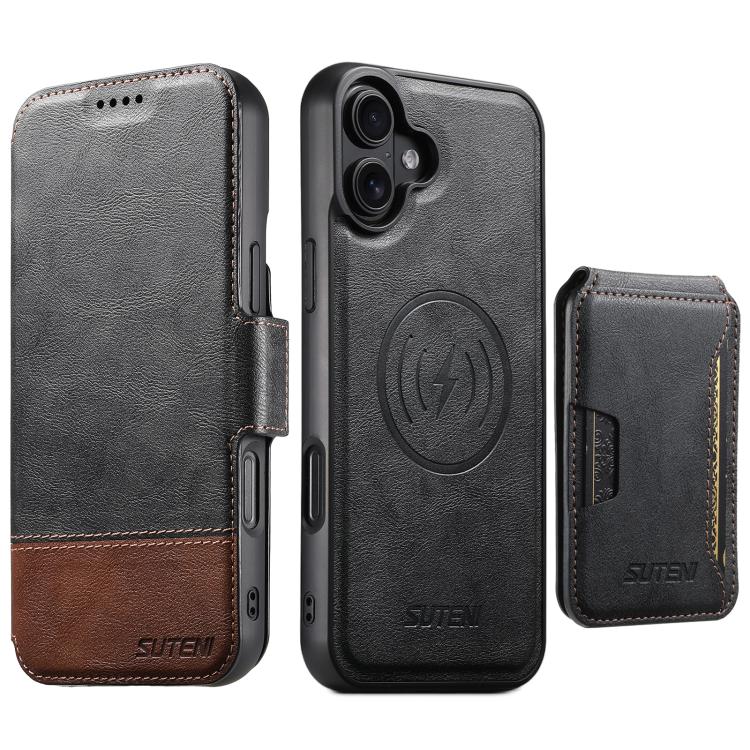 

For iPhone 17 Suteni Q06S3 3-in-1 Splicing Detachable Vertical Flip Wallet MagSafe Leather Phone Case(Black)