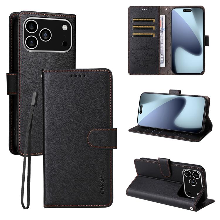 

For iPhone 17 Pro Max ENKAY RFID Blocking Wallet Kickstand Litchi Texture Leather Phone Case(Black)