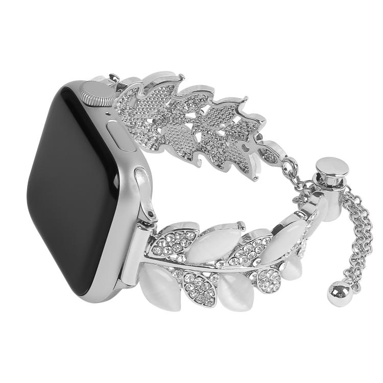 

For Apple Watch 46mm / 49mm / 45mm / 44mm Leaf Shaped Diamond Studded Bracelet Alloy Watch Band(Silver White)