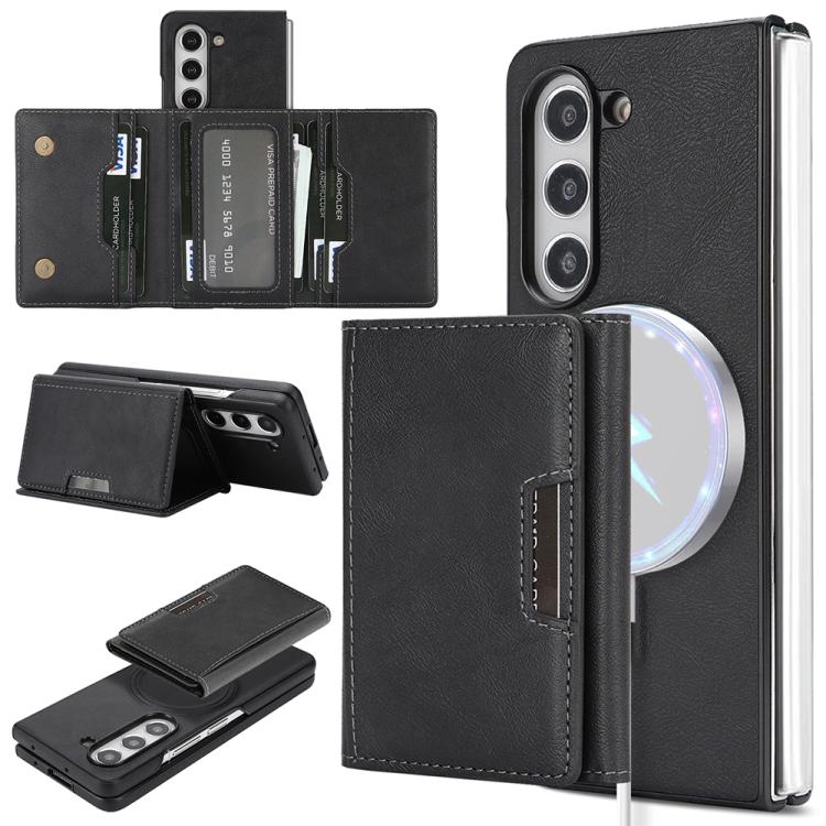

For Samsung Galaxy Z Fold7 5G Kalebol Strong Magnetic MagSafe Tri-Fold Wallet Side Sticker Leather Phone Case(Black)