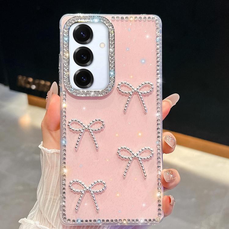 

For Samsung Galaxy S25+ 5G Diamond Glitter Bow-knot Four-Corner Shockproof Phone Case(Light Pink)