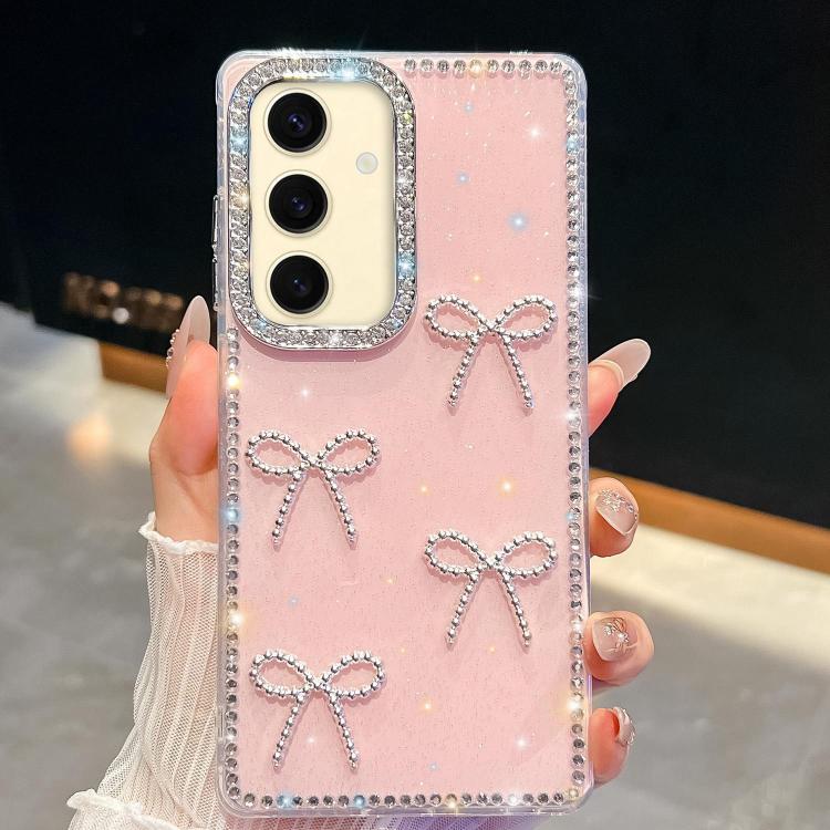 

For Samsung Galaxy S24 5G Diamond Glitter Bow-knot Four-Corner Shockproof Phone Case(Light Pink)