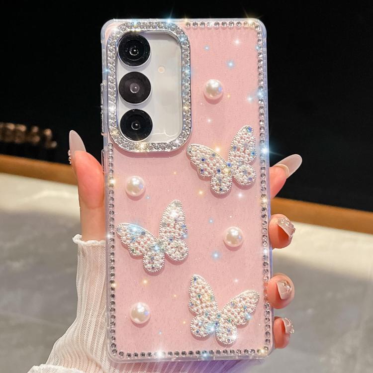 

For Samsung Galaxy S25+ 5G Diamond Glitter Pearl Butterfly Four-Corner Shockproof Phone Case(Light Pink)