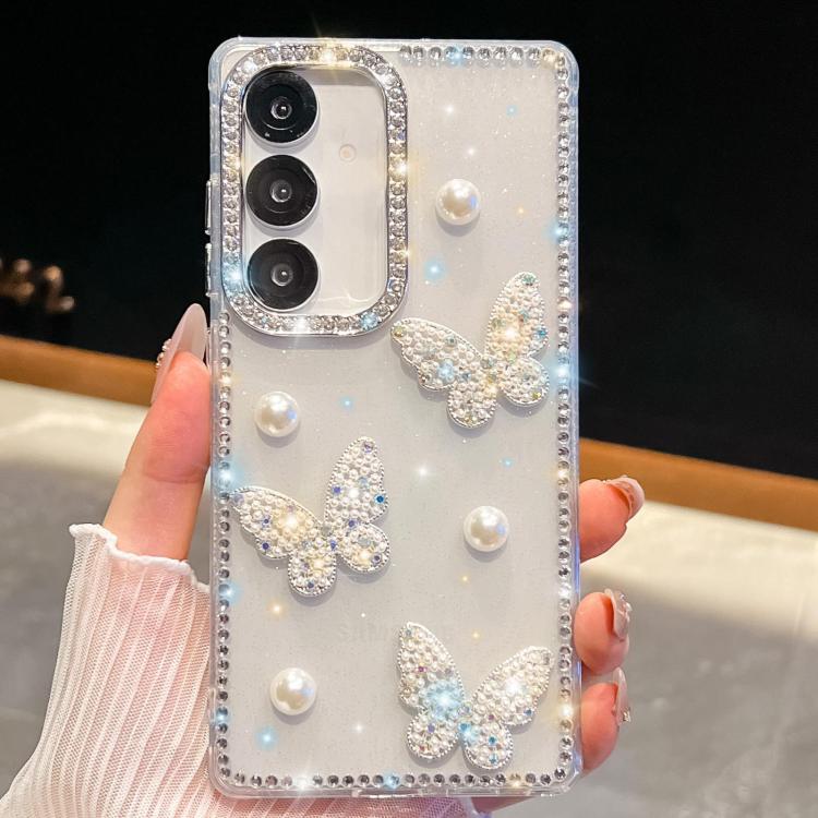 

For Samsung Galaxy S25+ 5G Diamond Glitter Pearl Butterfly Four-Corner Shockproof Phone Case(Transparent)