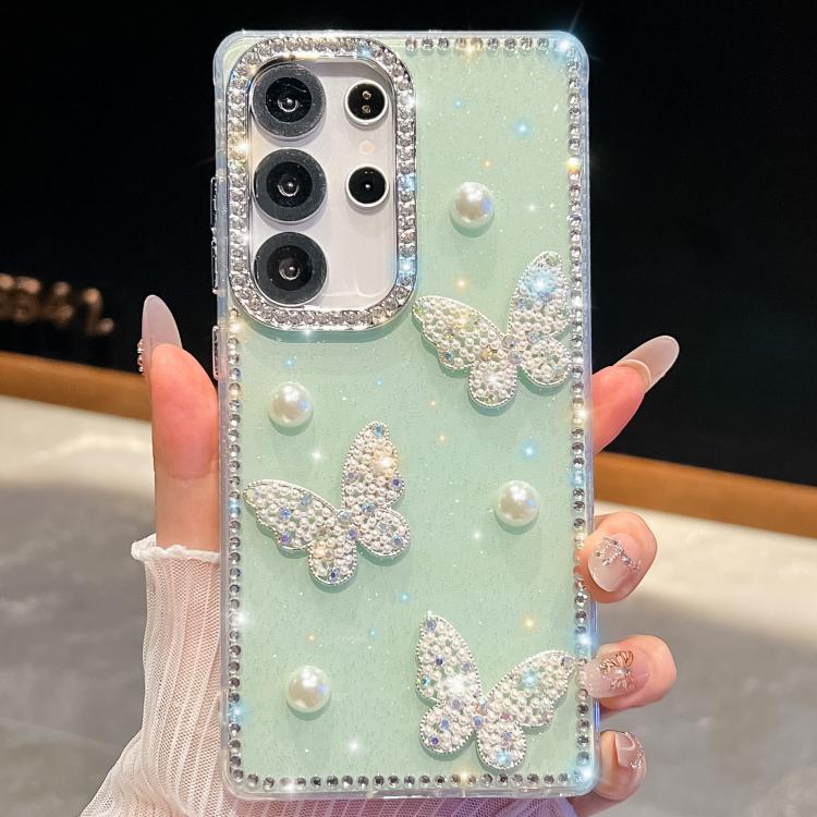 

For Samsung Galaxy S25 Ultra 5G Diamond Glitter Pearl Butterfly Four-Corner Shockproof Phone Case(Light Green)