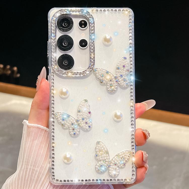 

For Samsung Galaxy S25 Ultra 5G Diamond Glitter Pearl Butterfly Four-Corner Shockproof Phone Case(White)