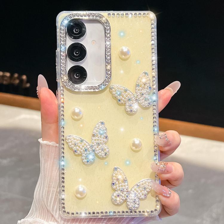 

For Samsung Galaxy S24 FE 5G Diamond Glitter Pearl Butterfly Four-Corner Shockproof Phone Case(Light Yellow)
