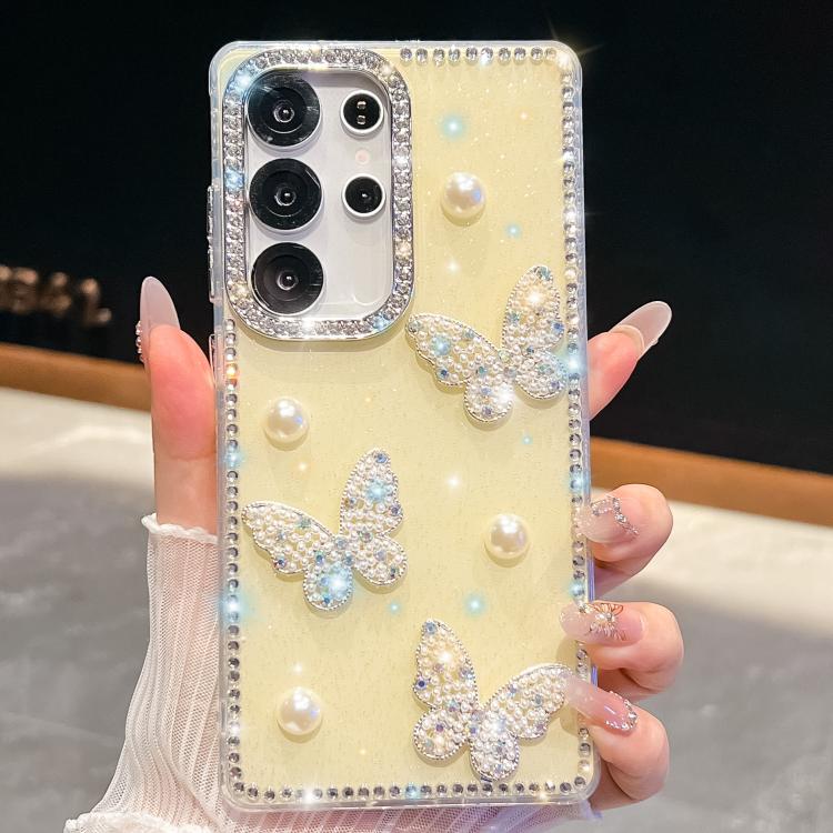 

For Samsung Galaxy S24 Ultra 5G Diamond Glitter Pearl Butterfly Four-Corner Shockproof Phone Case(Light Yellow)