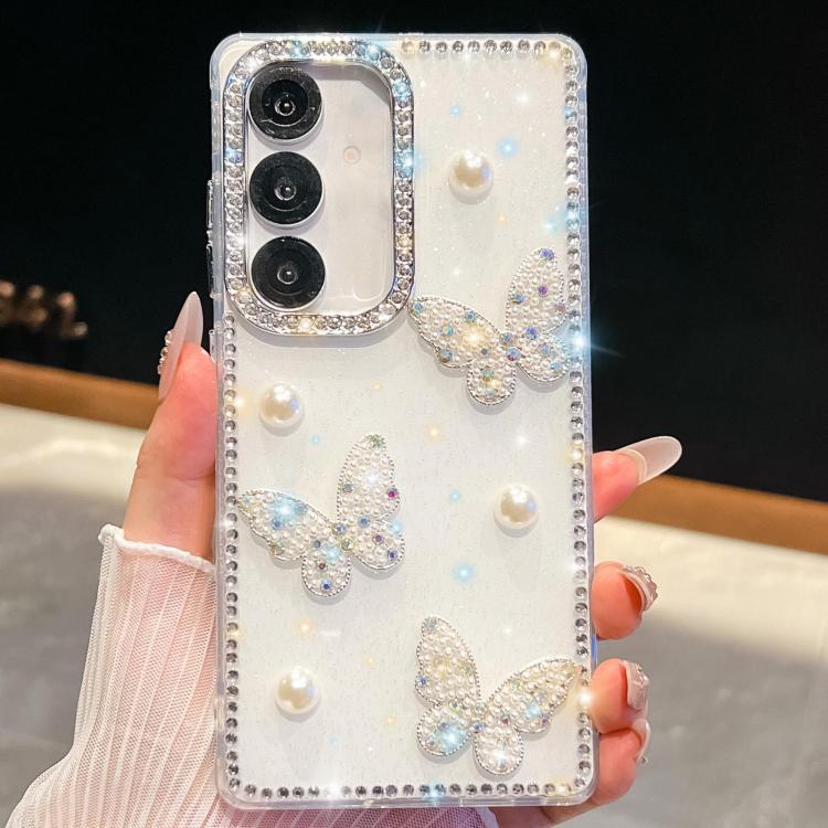 

For Samsung Galaxy S24+ 5G Diamond Glitter Pearl Butterfly Four-Corner Shockproof Phone Case(White)