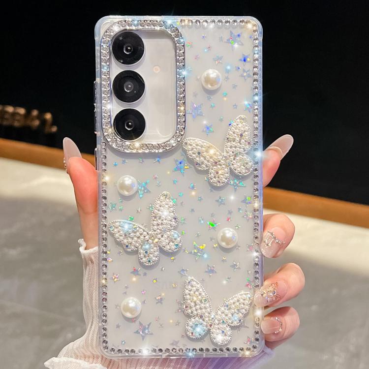 

For Samsung Galaxy S24 5G Diamond Glitter Pearl Butterfly Four-Corner Shockproof Phone Case(Transparent Stars)