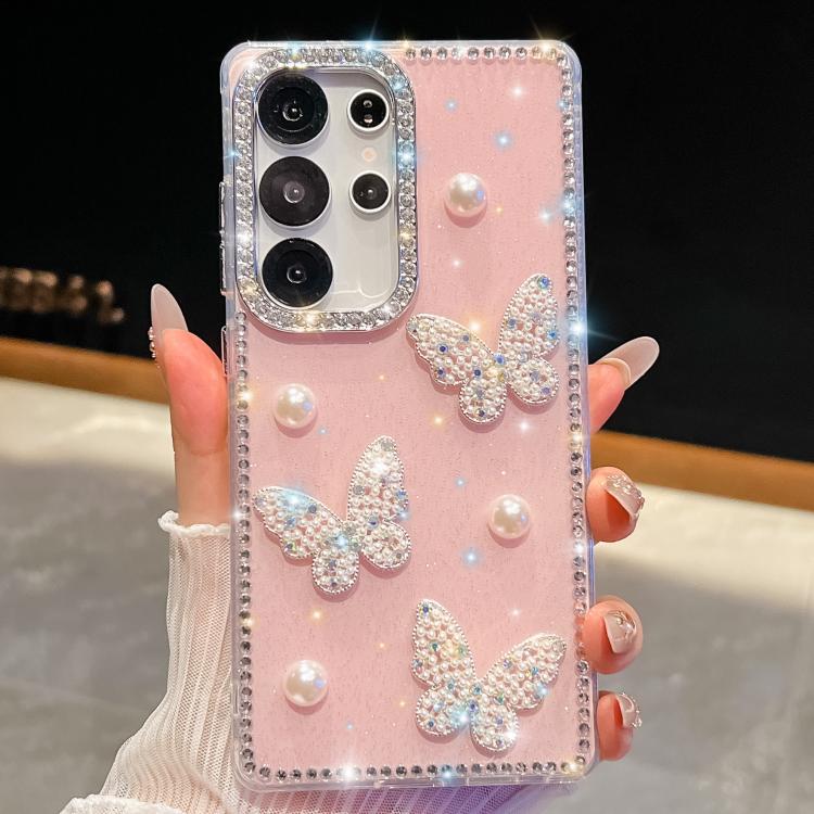 

For Samsung Galaxy S23 Ultra 5G Diamond Glitter Pearl Butterfly Four-Corner Shockproof Phone Case(Light Pink)