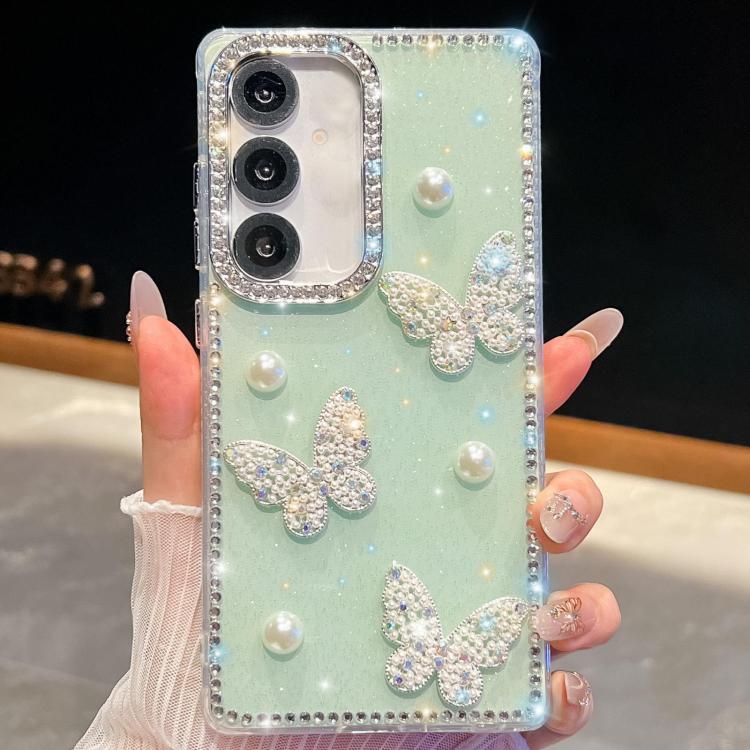 

For Samsung Galaxy A17 5G Diamond Glitter Pearl Butterfly Four-Corner Shockproof Phone Case(Light Green)
