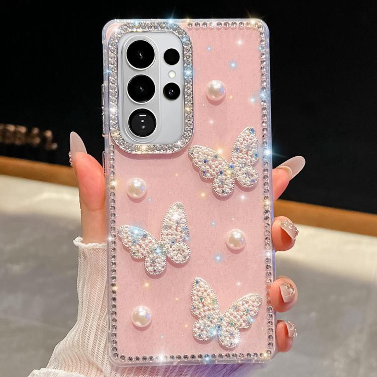 For Samsung Galaxy S26 Ultra 5G Diamond Glitter Pearl Butterfly Four-Corner Shockproof Phone Case(Light Pink) — купить у Sunsky-online WW