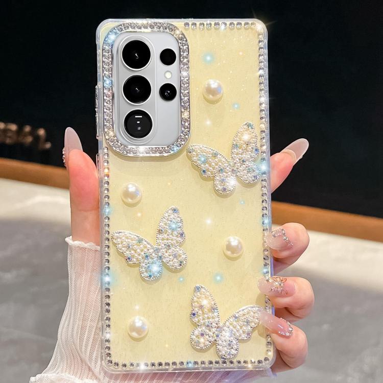 

For Samsung Galaxy S26 Ultra 5G Diamond Glitter Pearl Butterfly Four-Corner Shockproof Phone Case(Light Yellow)