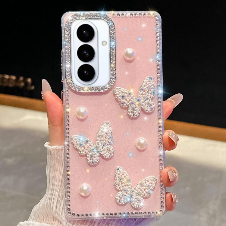 

For Samsung Galaxy S26 5G Diamond Glitter Pearl Butterfly Four-Corner Shockproof Phone Case(Light Pink)