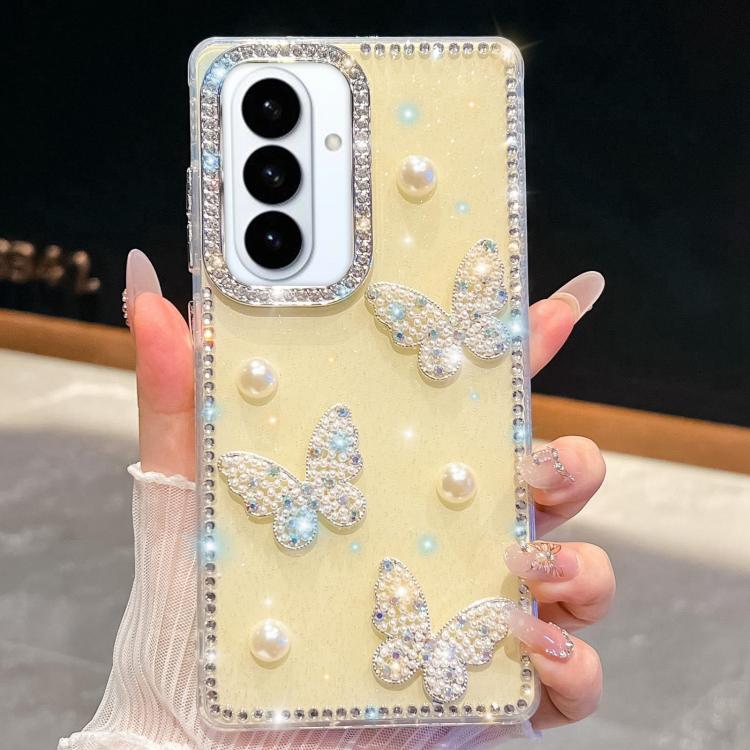 

For Samsung Galaxy S26 5G Diamond Glitter Pearl Butterfly Four-Corner Shockproof Phone Case(Light Yellow)