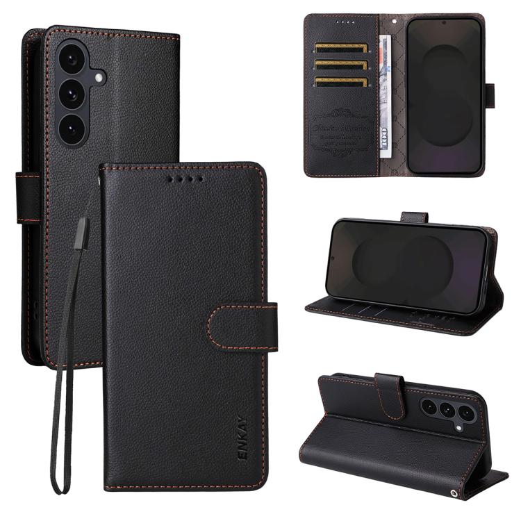 

For Samsung Galaxy S25 FE 5G ENKAY RFID Blocking Wallet Kickstand Litchi Texture Leather Phone Case(Black)
