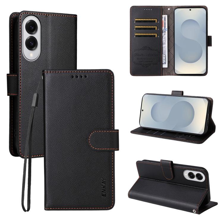 

For Samsung Galaxy S25 Edge 5G ENKAY RFID Blocking Wallet Kickstand Litchi Texture Leather Phone Case(Black)