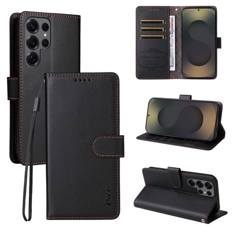 

For Samsung Galaxy S25 Ultra 5G ENKAY RFID Blocking Wallet Kickstand Litchi Texture Leather Phone Case(Black)