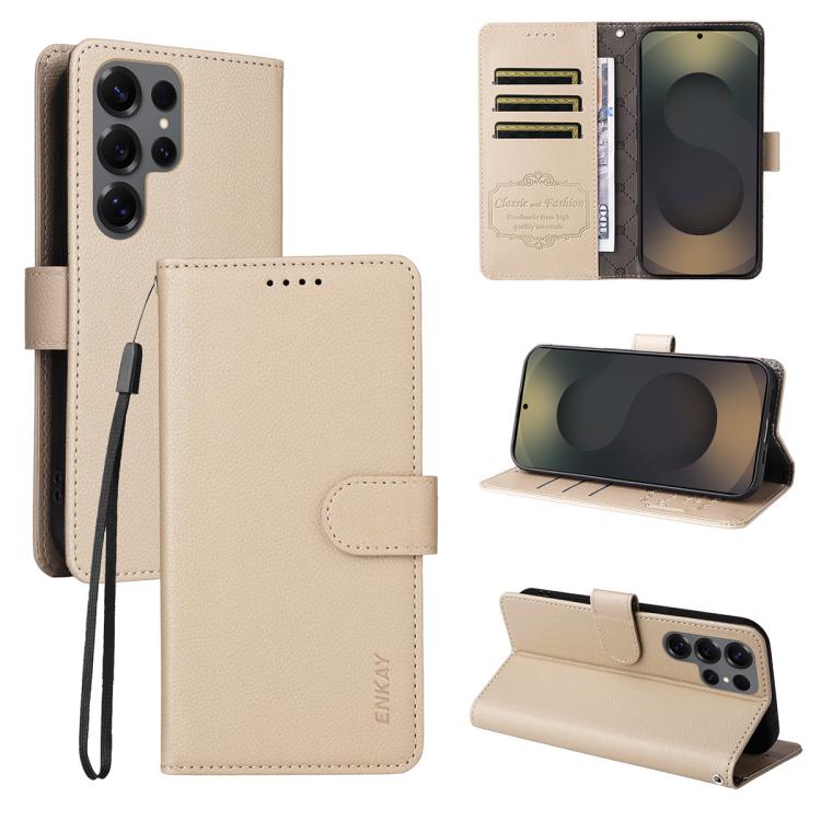 

For Samsung Galaxy S25 Ultra 5G ENKAY RFID Blocking Wallet Kickstand Litchi Texture Leather Phone Case(Beige)