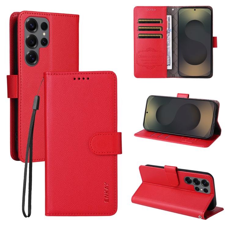 

For Samsung Galaxy S24 Ultra 5G ENKAY RFID Blocking Wallet Kickstand Litchi Texture Leather Phone Case(Red)