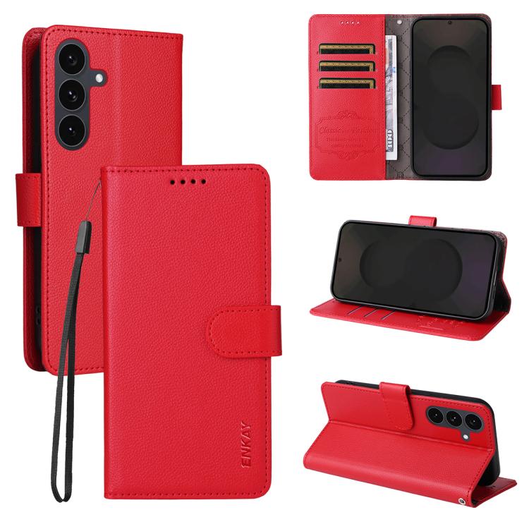 

For Samsung Galaxy S25 / S24 5G ENKAY RFID Blocking Wallet Kickstand Litchi Texture Leather Phone Case(Red)