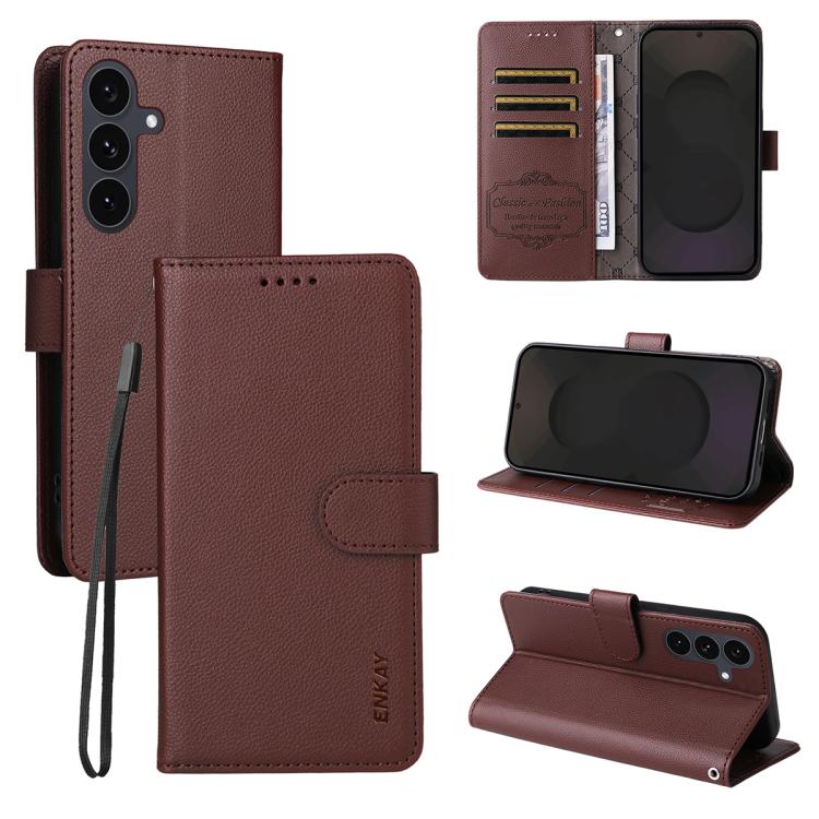 

For Samsung Galaxy S25+ / S24+ 5G ENKAY RFID Blocking Wallet Kickstand Litchi Texture Leather Phone Case(Brown)